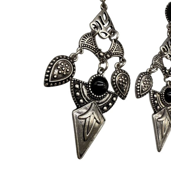 Faux Black Onyx Textured Dangle Drop Pierced Earrings Silver Tone Bohemian - Picture 2 of 5